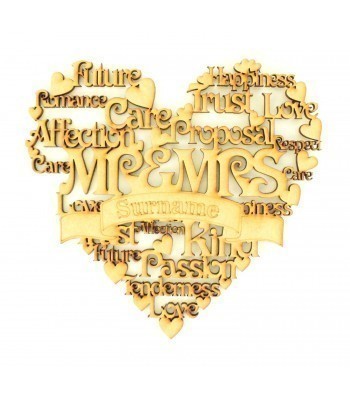Laser Cut Personalised 'Mr & Mrs' Word Collage Box Frame Heart with Etched Banner